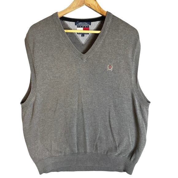 VTG Tommy Hilfiger Sweater Vest Mens Crest Gray Preppy Academia Golf Tennis Y2K - Picture 1 of 10